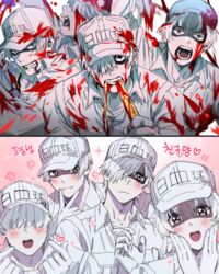  4boys :d bad_id bad_pixiv_id biting blood blood_on_clothes blood_on_face blue_eyes blush character_name clothes_writing commentary flat_cap gloves grey_eyes hair_over_eyes hair_over_one_eye hands_on_own_face hat hataraku_saibou heart highres holding jacket korean_text long_sleeves male_focus mery_(yangmalgage) multiple_boys open_mouth parted_bangs round_teeth simple_background smile teeth translation_request u-1146 u-2048 u-2626 u-4989 uniform upper_teeth_only white_background white_blood_cell_(hataraku_saibou) white_gloves white_hair white_hat white_jacket wide-eyed 