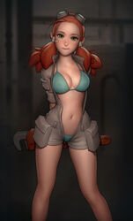  arms_behind_back bikini bikini_under_clothes blue_bikini borrowed_character breasts cowboy_shot female forehead freckles full-length_zipper goggles goggles_on_head green_eyes head_tilt highres jeff_macanoli long_hair looking_at_viewer low_twintails mechanic navel nose open_clothes orange_hair original overalls red_hair rivers_(chirutai) rivers_frye sleeves_folded_up solo standing stomach swimsuit twintails unzipped wrench yuka_soemi zipper 