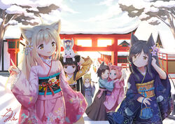  6+girls ahoge aliter animal animal_ears animal_on_head artist_name backlighting bag baku_(creature) black_hair black_kimono blonde_hair blue_eyes blunt_bangs blush brown_eyes commentary day floral_print flower fox_ears hair_flower hair_intakes hair_ornament handbag hatsumoude index_finger_raised japanese_clothes kimono kiri_(konohana_kitan) kiseru konohana_kitan lamp long_hair long_sleeves looking_at_another mini_person minigirl multiple_girls natsume_(konohana_kitan) new_year obi oerba_yun_fang okiku_(konohana_kitan) on_head open_mouth outdoors person_on_head pink_hair pink_kimono ren_(konohana_kitan) sakura_(konohana_kitan) sash satsuki_(konohana_kitan) sky smile smoking_pipe snow stairs symbol-only_commentary torii urinosuke wide_sleeves yellow_eyes yellow_kimono yuzu_(konohana_kitan) 