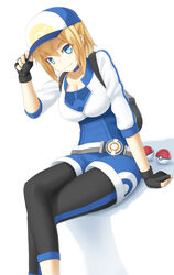  baseball_cap belt blonde_hair blue_eyes breasts choker commentary_request cropped_jacket crossed_legs female female_protagonist_(pokemon_go) fingerless_gloves gloves hat highres large_breasts leggings legs long_hair looking_at_viewer poke_ball poke_ball_(basic) pokemon pokemon_go ponytail sakais3211 sitting smile solo thighs 