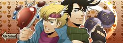  2boys antemeridian bad_id bad_pixiv_id black_hair blonde_hair blue_eyes blue_jacket bola_(weapon) caesar_anthonio_zeppeli facial_mark fingerless_gloves gloves head_wings headband jacket jojo_no_kimyou_na_bouken joseph_joestar joseph_joestar_(young) multiple_boys red_stone_of_aja scarf wings 