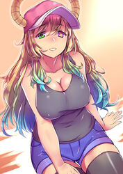  bare_arms bare_shoulders baseball_cap black_tank_top black_thighhighs blonde_hair blue_hair blue_shorts breasts bright_pupils chiha_(abo_ecm_mk25) cleavage collarbone commentary_request covered_navel covered_nipples denim denim_shorts dragon_girl female gradient_hair green_eyes grin hair_spread_out half-closed_eyes hat heterochromia high-waist_shorts highres horns horns_through_headwear kobayashi-san_chi_no_maidragon large_breasts lips long_hair looking_at_viewer lucoa_(maidragon) mature_female multicolored_eyes multicolored_hair no_bra parted_lips purple_eyes shorts sitting slit_pupils smile solo tank_top teeth thighhighs unusually_open_eyes very_long_hair wide_hips 