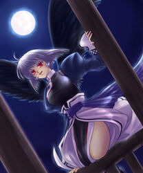  female kamyu moon night open_mouth red_eyes silver_hair sky solo utawareru_mono utawarerumono wings 