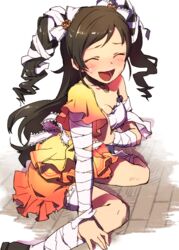  bandages black_hair breasts cleavage closed_eyes dress drill_hair female idolmaster idolmaster_cinderella_girls long_hair medium_breasts nametake nonomura_sora open_mouth sitting smile solo twin_drills twintails wariza wooden_floor 