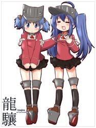  2girls bad_id bad_pixiv_id blue_eyes closed_eyes company_connection cosplay crossover cube_hair_ornament hair_ornament izumi_konata kadokawa kantai_collection kyoto_animation long_hair lucky_star mizushima_(p201112) multiple_girls naganohara_mio nichijou platform_footwear ryuujou_(kancolle) ryuujou_(kancolle)_(cosplay) short_hair trait_connection trim_marks twintails visor_cap 