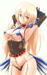  arms_behind_head blonde_hair breasts cleavage commentary_request female green_eyes large_breasts long_hair luna_prophecy phantasy_star phantasy_star_portable_2 phantasy_star_portable_2_infinity ryu-akt simple_background solo 