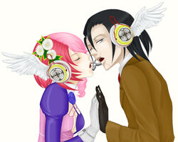  1boy alisa_boskonovich android angel_wings black_gloves black_hair blue_eyes blush breasts cleavage closed_eyes couple female flower formal gloves hair_ornament hands_together headphones headset magnet_(vocaloid) multicolored_hair namco necktie one_eye_closed parody parted_lips pink_hair ponytail scar sergei_dragunov short_hair simple_background small_breasts suit tekken two-tone_hair white_gloves wings wink 