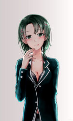  blush bra breasts cleavage commentary_request female green_eyes green_hair grey_background hand_on_own_head highres isaki_note jacket looking_at_viewer shiromeguri_meguri shirt short_hair simple_background solo sweat underwear yahari_ore_no_seishun_lovecome_wa_machigatteiru. 