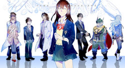  3girls 5boys bad_id bad_pixiv_id black_hair brown_hair cape formal fukase_yuuri fushimi_hina glasses kai_shunsuke kamiya_souma koku_666 lab_coat long_hair multiple_boys multiple_girls ressenti_man school_uniform shindo_mikoto shindou_kyuugo short_hair sleeves_pushed_up suit time_travelers 