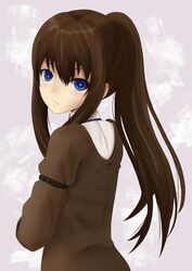  blue_eyes blush brown_hair commentary_request female jacket long_hair makise_kurisu ponytail solo steins;gate tamago_kago 