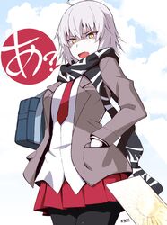  ? ahoge bag black_pantyhose black_scarf blue_sky cloud cloudy_sky commentary_request cowboy_shot fate/grand_order fate_(series) female grey_hair grey_jacket hand_in_pocket highres jacket jeanne_d&#039;arc_alter_(avenger)_(fate) jeanne_d&#039;arc_alter_(fate) long_sleeves looking_at_viewer nakamura_yukitoshi necktie oerba_yun_fang open_mouth pantyhose pleated_skirt red_necktie red_skirt scarf school_bag school_uniform shirt short_hair shoulder_bag skirt sky solo standing summon_ticket_(fate) white_shirt yellow_eyes 