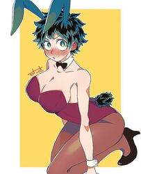  1girls bare_shoulders blush bowtie bunny_ears bunny_girl bunny_tail bunnysuit cleavage clothed collar cuffs embarrassed female female_deku freckles green_eyes green_hair heels high_heels hrak(artist) izuku_midoriya kneeling large_breasts leotard looking_at_viewer my_hero_academia rule_63 sweat 