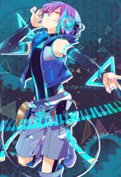  1boy abstract_background adjusting_headphones aqua_hair belt black_shirt black_sleeves blue_background blue_hair blue_jacket boots commentary detached_sleeves foot_out_of_frame gears grey_footwear grey_shorts hand_up head_tilt headphones instrument jacket kamishiro_rui keyboard_(instrument) knee_boots leg_up looking_at_viewer male_focus mechanical_parts microphone multicolored_hair musical_note pale_skin pointing project_sekai purple_hair shirt short_hair shorts sleeveless sleeveless_jacket smile solo streaked_hair the_melody_chaser._(project_sekai) triangle two-tone_hair white_belt yellow_eyes yosakuh 