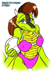  angela_(badgerben) anthro badgerben ball bikini blue_eyes brown_hair clothing dragon eyelashes female green_body green_scales hair heart_(marking) holding_object holding_toy horn looking_at_viewer markings mythological_creature mythological_scalie mythology pronounced_browridge purple_clothing reptile scales scalie solo swimwear toy 