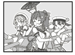  3girls asymmetrical_hair closed_eyes commentary_request dress flower greyscale gun hair_flower hair_ornament hair_rings hat headgear highres kaiboukan_no._30_(kancolle) kantai_collection long_hair low_twintails machinery medium_hair mocchi_(mocchichani) monochrome multiple_girls oil-paper_umbrella ponytail rigging sailor_collar sailor_dress sailor_hat shoes short_sleeves shounan_(kancolle) sidelocks smile socks twintails umbrella uwabaki very_long_hair weapon yamato_(kancolle) 