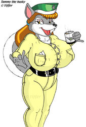  anthro badgerben belt beverage big_breasts black_nose breasts brown_hair canid canine canis clothing coffee coffee_cup container cup domestic_dog female hair hat headgear headwear huge_breasts husky mammal nordic_sled_dog open_mouth smile solo spitz standing tammy_(badgerben) uniform yellow_clothing 