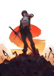  abs after_battle battlefield belt black_hair black_lips blood blood_on_clothes blood_on_face blood_on_weapon boots breasts clothes_writing commentary corpse dagger english_commentary eyeliner female ginny_di grunge_(genre) hair_over_one_eye halterneck knife lipstick makeup medium_breasts midriff muscular muscular_female open_clothes open_shirt orcbarbies pants pile_of_corpses plaid plaid_shirt real_life reverse_grip sheath sheathed shirt short_hair sleeves_pushed_up solo_focus sword teeth turtleneck weapon zipper_footwear zombie 