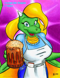  anthro apron badgerben beverage blonde_hair blue_clothing clothing crystal_(badgerben) dragon eyelashes female foam green_body green_scales hair horn looking_at_viewer mythological_creature mythological_scalie mythology notebook root_beer scales scalie simple_background smile soda solo waiter waitress_uniform wings yellow_body yellow_scales 