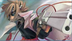  accessory anthro black_nose brown_body brown_fur brown_hair canid canine canis claws clothing coat domestic_dog eyewear fur glasses gloves grin gun hair handwear headband headgear headwear jacket jeacn jewelry kemono male mammal necklace ranged_weapon rope smile solo topwear weapon yin_yang 