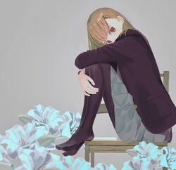  bad_id bad_twitter_id black_jacket black_pantyhose blazer blonde_hair chair commentary_request covered_mouth donguri_hello feet_on_chair female flower from_side full_body grey_background grey_skirt head_tilt highres hugging_own_legs jacket legs long_hair long_sleeves looking_at_viewer looking_to_the_side negative_space no_shoes on_chair original pantyhose pleated_skirt pocket red_eyes simple_background sitting skirt solo white_flower white_lily 