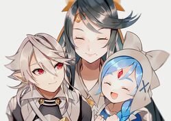  1boy 2girls absurdres aged_down apron black_hair blue_hair brother_and_sister circlet closed_eyes commentary commission corrin_(fire_emblem) corrin_(male)_(fire_emblem) english_commentary fire_emblem fire_emblem_fates forehead_jewel highres lilith_(fire_emblem) looking_at_another maid_apron maid_headdress mikoto_(fire_emblem) mole mole_under_mouth mother_and_son multiple_girls open_mouth pointy_ears red_eyes siblings smile white_hair yasaikakiage 