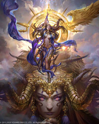  asymmetrical_legwear blue_eyes breasts brown_hair closed_mouth cloud cloudy_sky english_commentary expressionless facepaint female final_fantasy final_fantasy_vi full_body goddess_(ff6) gold highres horns jeremy_chong light long_hair looking_at_viewer magic medium_breasts mobius_final_fantasy multicolored_eyes multiple_horns pelvic_curtain reaching realistic sash single_wing sky solo tassel toeless_footwear underboob uneven_legwear wings 