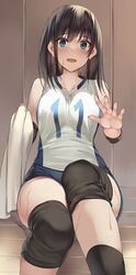  bad_id bad_pixiv_id black_hair black_shorts blue_eyes blush breasts commentary_request female hand_up holding holding_towel indoors knee_pads kureha_(ironika) long_hair looking_at_viewer medium_breasts on_floor open_mouth original shirt shorts sitting sleeveless sleeveless_shirt solo sweat towel tsubasa_(kureha) white_shirt wide-eyed 