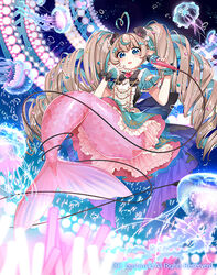  ahoge black_bow blue_eyes bow bowtie brooch brown_hair bubble cable cardfight!!_vanguard character_request commentary_request copyright_notice dress drill_hair female frilled_sleeves frills from_below glowstick green_eyes heart heart_ahoge holding holding_microphone idol jellyfish jewelry long_hair mermaid microphone monster_girl multicolored_hair official_art photoshop_(medium) pointy_ears short_sleeves solo_focus spinel_(9057) stage stage_lights tears twin_drills two-tone_hair very_long_hair waist_cape wrist_cuffs 