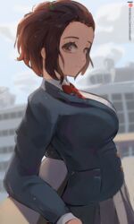  artist_name black_jacket blush bow bowtie breasts brown_hair female forehead from_side highres jacket kiseijuu large_breasts long_sleeves looking_at_viewer mirai_hikari murano_satomi outdoors patreon_logo patreon_username red_bow red_bowtie school_uniform short_hair smile solo web_address 