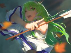  bare_shoulders commentary detached_sleeves english_commentary female frog_hair_ornament gohei green_eyes green_hair hair_between_eyes hair_ornament highres holding holding_stick kochiya_sanae kureihii long_hair looking_to_the_side one_eye_covered open_mouth painterly revision solo stick touhou upper_body 