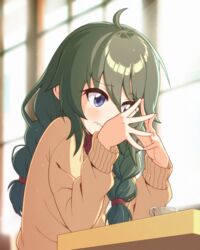  ahoge backlighting bloom blue_eyes blurry blurry_background blush braid brown_sweater closed_mouth commentary_request cup depth_of_field embarrassed female fidgeting green_hair highres indoors light_particles long_hair long_sleeves looking_away looking_down princess_connect! school_uniform sitting sizque solo steepled_fingers sweater table teacup twin_braids upper_body wavy_mouth window yuni_(princess_connect!) yuni_(real)_(princess_connect!) 