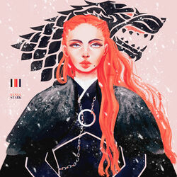  a_song_of_ice_and_fire artist_name blue_eyes chains character_name closed_mouth cloud commentary english_commentary expressionless female game_of_thrones lips long_hair looking_at_viewer mole mole_under_mouth nose nostrils orabelart red_hair sansa_stark signature snow solo straight-on upper_body 