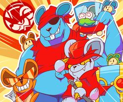  2020 anthro blue_body clothing cute_fangs daroach doc_(kirby) el_booki eye_patch eyewear facial_hair glasses group hat headgear headwear kirby_(series) male mammal moustache nintendo rodent shirt spinni squeaker_(kirby) storo topwear 