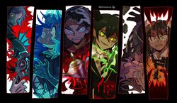  6+boys absurdres ahirumamire ahoge alternate_form animal_ears aqua_hair artist_name azul_ashengrotto bad_end black_hair blonde_hair blood blood_on_clothes blood_on_hands blue_eyeshadow blue_lips braid braided_bangs brown_hair clenched_teeth commentary_request cracked_skin crossed_bangs crying crying_with_eyes_open dark-skinned_male dark_skin debris eel_boy eyeshadow falling fins floyd_leech furrowed_brow gloves glowing glowing_eyes glowing_sword glowing_weapon green_eyeshadow hand_on_own_head highres hood hood_up hoodie horns idia_shroud jade_leech jamil_viper jewelry leona_kingscholar lion_boy lion_ears long_hair makeup male_focus malleus_draconia messy_hair monster_boy multicolored_hair multiple_boys necklace necktie night_raven_college_uniform oil_lamp parody parted_lips purple_eyes purple_hair saliva scar scar_across_eye scar_on_face scared school_uniform sharp_teeth short_hair signature silver_(twisted_wonderland) simple_background single_braid sparkle streaked_hair striped striped_necktie sweat sword tears teeth too_many_hands trait_connection twisted_wonderland twitter_username two-tone_hair upside-down vil_schoenheit weapon white_eyes white_gloves white_hair wide-eyed yellow_eyes 