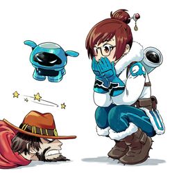  1boy beard blue_gloves blue_pants boots brown_eyes brown_footwear brown_hair cape cassidy_(overwatch) cowboy_hat facial_hair female full_body fur_trim gloves hair_bun hat highres jacket mei_(overwatch) nakahara_kaihei overwatch overwatch_1 pants red_cape seeing_stars simple_background single_hair_bun snowball_(overwatch) squatting white_background white_jacket 