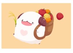  7mb_yut apple bag border brown_background brown_bag chibi food fruit green_apple heart holding horns league_of_legends no_humans poro_(league_of_legends) red_apple solo tongue tongue_out walking white_border 