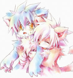  :&lt; :d anthro blue_body blue_hair blush blush_lines brown_body brown_fur canid canine canis duo fur hair hug jeacn kemono maier male male/male mammal paws smile white_body white_fur white_hair wolf yellow_eyes yota_(jeacn) 