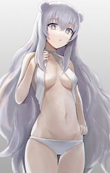  +_+ azur_lane bikini breasts double_bun eyebrows_visible_through_hair feet_out_of_frame female from_below grey_background grey_hair highres le_malin_(azur_lane) le_malin_(wednesday&#039;s_retreat)_(azur_lane) long_hair looking_at_viewer navel panties sauvignon small_breasts solo standing swimsuit underwear very_long_hair white_bikini white_panties white_swimsuit 