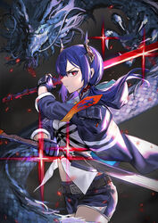  arknights belt black_belt blue_hair blue_jacket blue_shorts ch&#039;en_(arknights) chi_xiao_(arknights) commentary_request cowboy_shot dragon dragon_horns dual_wielding eastern_dragon female holding holding_sword holding_weapon horns jacket long_hair long_sleeves looking_at_viewer open_clothes open_jacket red_eyes shirt short_shorts shorts solo sword weapon white_shirt wu_lun_wujin 