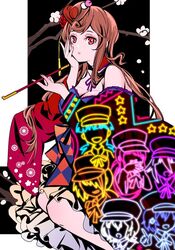  bare_shoulders breasts brown_hair choker cleavage da_huang eyeliner feet_out_of_frame female hair_ornament hand_on_own_face heart heart_hair holding holding_smoking_pipe hoshikawa_lily japanese_clothes kiseru konno_junko long_hair looking_at_viewer makeup minamoto_sakura mizuno_ai neon_lights nikaidou_saki parted_lips red_eyes saga_jihen sidelocks sitting smoking smoking_pipe solo star_(symbol) yamada_tae yokozuwari yuugiri_(zombie_land_saga) zombie_land_saga 