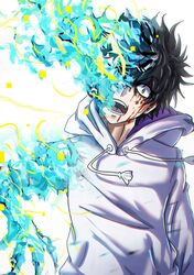  1boy absurdres angry aqua_eyes aqua_fire arm_up black_hair blood blood_on_face blue_fire burning commentary determined ebora energy fangs fangs_out fire glowing highres hood hood_down hoodie kamijou_touma long_sleeves magic male_focus multicolored_eyes open_mouth solo spoilers toaru_majutsu_no_index toaru_majutsu_no_index:_new_testament white_background white_hood white_hoodie wide-eyed yellow_eyes 