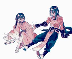  1boy black_hair black_pants blush chinese_clothes closed_eyes commentary_request fate/grand_order fate_(series) female fist_bump full_body gauntlets grin hair_between_eyes hanfu jing_ke_(fate) katagiri_(mighty_swing) legs long_hair long_sleeves pants sandals scroll simple_background sitting smile tattoo topless_male very_long_hair white_background wide_sleeves yan_qing_(fate) 