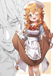  ;d apron blue_eyes blue_flower blush bow braid breasts brown_background brown_dress brown_hair collared_shirt commentary_request death_note dress female flower frilled_apron frills hair_between_eyes hair_flower hair_ornament hat highres just_as_planned_(meme) lifting_own_clothes long_hair looking_at_viewer meme multiple_views nijisanji obata_takeshi_(style) one_eye_closed open_mouth otogibara_era red_bow shirt skirt_hold small_breasts smile two-tone_background v-shaped_eyebrows very_long_hair virtual_youtuber white_apron white_background white_flower white_headwear white_shirt yukie_(kusaka_shi) 