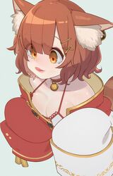  animal_ear_fluff animal_ears bare_shoulders bell breasts brown_eyes brown_hair choker cleavage collarbone commentary_request dress eyes_visible_through_hair female grey_background hair_ornament hairclip hands_up highres long_sleeves medium_breasts neck_bell nijisanji ratna_petit ratna_petit_(2nd_costume) red_choker red_panda_ears red_panda_tail simple_background sirataki_umauma sleeves_past_fingers sleeves_past_wrists solo striped_tail tail tongue tongue_out virtual_youtuber x_hair_ornament 