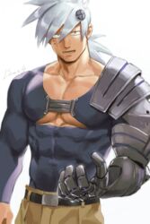  1boy bara covered_abs covered_navel cowboy_shot gentle2nd kyuuketsuki_sugu_shinu large_pectorals looking_at_viewer male_focus muscular muscular_male pectoral_cleavage pectorals prosthesis prosthetic_arm satetsu_(kyuuketsuki_sugu_shinu) shirt short_hair solo spiked_hair taut_clothes taut_shirt underpec white_hair 