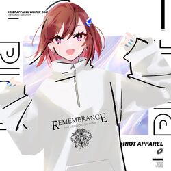  brown_hair clothes_writing commentary_request doumyouji_cocoa earrings english_text female hands_up jewelry long_sleeves looking_at_viewer marina_(mrn9) open_mouth pink_eyes riot_music short_hair sleeves_past_wrists smile solo streetwear sweater upper_body virtual_youtuber white_background white_sweater zipper 