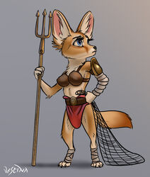  ancient ancient_rome anthro armor barefoot belt blue_eyes bottomwear bra breasts canid canine chibi clothing feet female fennec_fox foot_wraps fox gladiator gladiatrix holding_net inner_ear_fluff loincloth mammal melee_weapon midriff neck_tuft net orange_body pauldron polearm retiarius roman roman_empire shoulder_pads solo spqr throw_net trident true_fox tuft underwear vestina warrior weapon wrappings wraps 