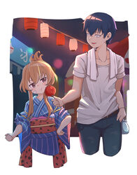  1boy absurdres aisaka_taiga bandaid bandaid_on_cheek bandaid_on_face blue_hair blue_kimono blush brown_eyes brown_hair candy_apple clenched_hands closed_mouth commentary_request cowboy_shot denim female festival food hair_between_eyes hand_in_pocket highres japanese_clothes jeans kimono kinchaku lantern lantern_festival long_hair long_sleeves looking_at_another obi open_mouth pants paper_lantern pouch sash shirt short_hair short_sleeves sidelocks sky_lantern sleeves_pushed_up smile standing sweatdrop takasu_ryuuji toradora! towel upper_body white_shirt wide_sleeves wukun yukata 