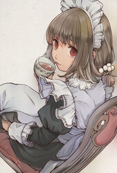  apron brown_hair chair closed_mouth constricted_pupils cup female from_behind highres holding holding_cup kalua light_brown_hair looking_at_viewer looking_back maid maid_apron maid_headdress original red_eyes short_hair simple_background sitting solo tea teacup thick_eyebrows 