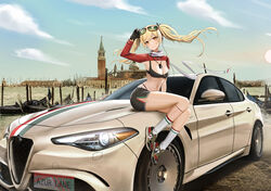  absurdres adjusting_eyewear alfa_romeo alfa_romeo_giulia alfa_romeo_giulia_quadrifoglio alternate_costume annotated azur_lane belt black_gloves black_panties black_ribbon black_skirt blush boat breasts building camouflage_footwear car car_keys character_name checkered_clothes checkered_skirt cleavage cloud cloudy_sky commentary copyright_name crop_top day dusk european_architecture eyelashes eyewear_on_head facial_tattoo female fishnet_socks fishnets gloves gondola green-tinted_eyewear grin heart heart_tattoo highres italian_flag italian_flag_print italy jewelry kcar66t key key_necklace kneehighs leonardo_da_vinci_(azur_lane) license_plate linea_alba long_hair looking_at_viewer marble_(stone) marble_floor medium_breasts microskirt midriff motor_vehicle multicolored_footwear navel necklace panties panty_straps pencil_skirt piazza_san_marco platform_footwear print_scarf print_socks product_placement race_queen racing_stripes real_world_location red-framed_eyewear ribbon ribbon-trimmed_sleeves ribbon_trim river sailboat san_giorgio_maggiore scarf shoes shrug_(clothing) side_slit single_fishnet_legwear single_kneehigh single_sock sitting_on_car skindentation skirt sky smile sneakers socks socks_over_fishnets socks_over_kneehighs solo sparkle sports_car sun sunglasses tattoo tinted_eyewear town twilight twintails underwear vehicle_focus venice water watercraft white_belt white_scarf white_socks wide_hips 